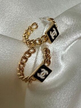 CHANEL Chain Hoop Earrings with Black Logo Square